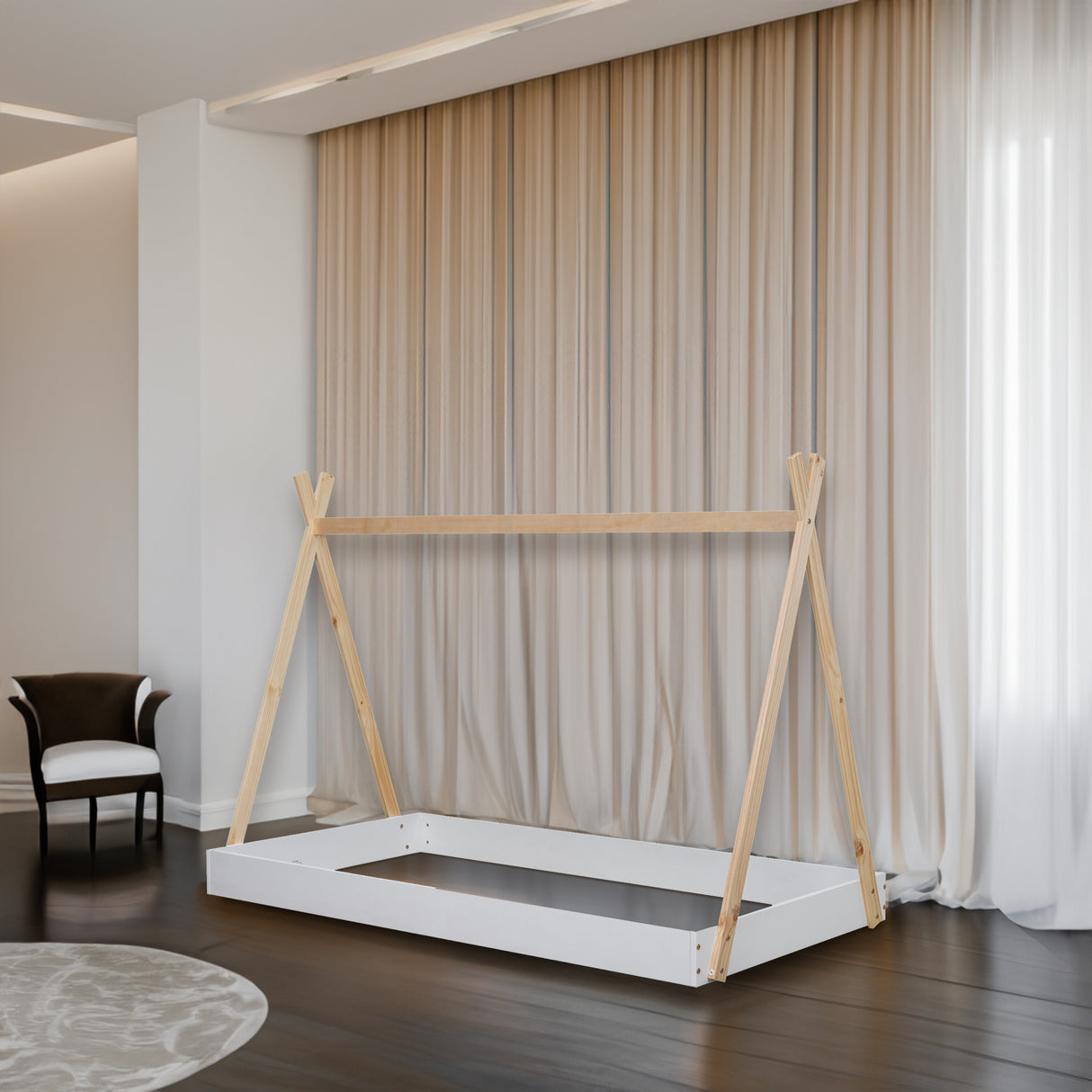 Twin Size Tent Floor Bed with Triangle Structure White+Natural