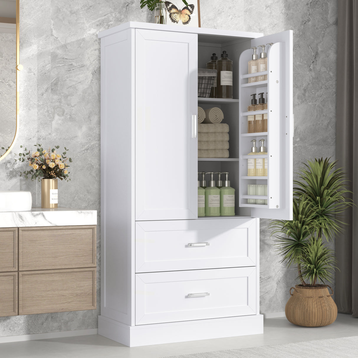 Tall Bathroom Storage Cabinet, Cabinet with Two Doors and Drawers, Adjustable Shelf, MDF Board, White - V.I.P Digital Presence