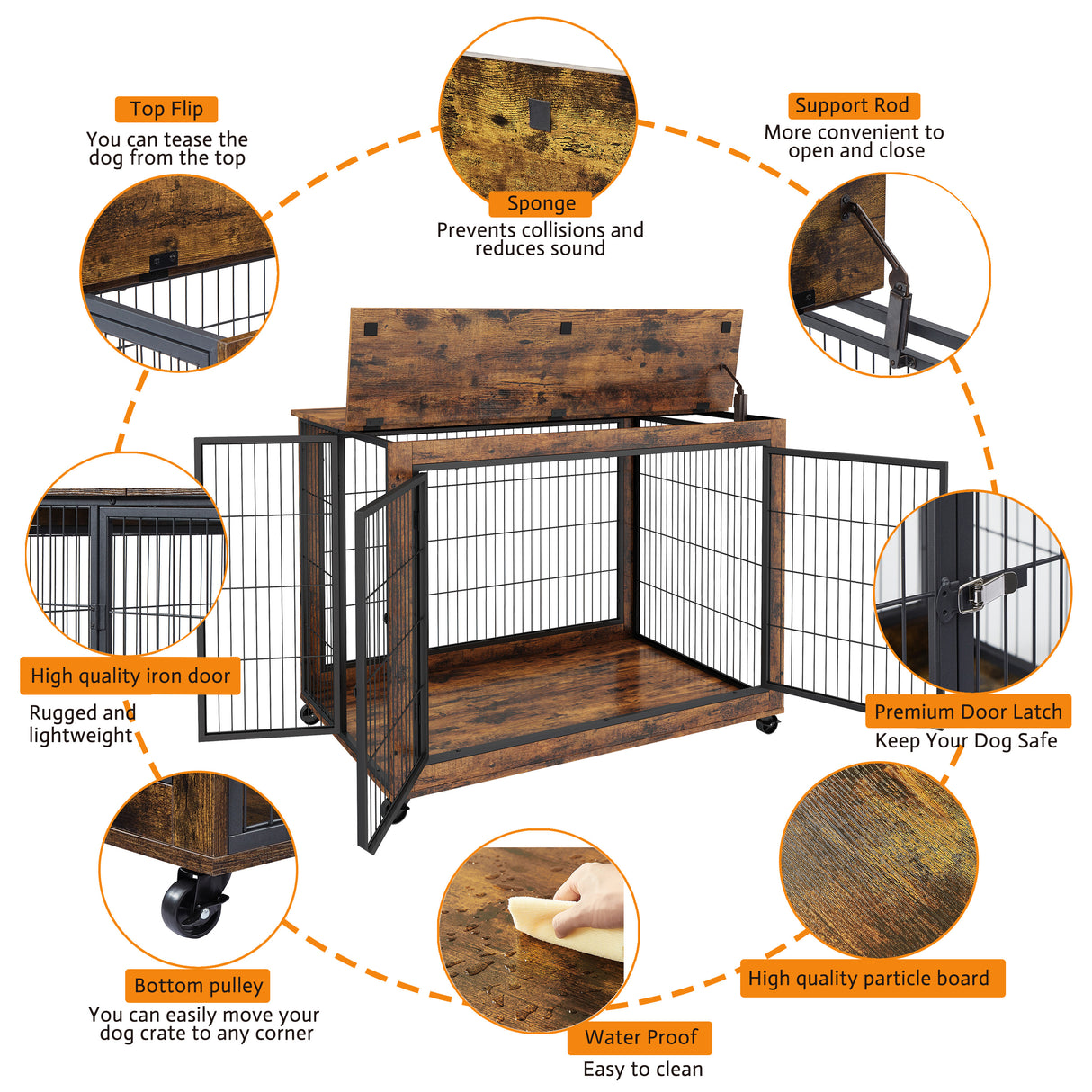 Furniture Style Dog Crate Side Table on Wheels with Double Doors and Lift Top. Rustic Brown, 43.7'' W x 30'' D x 31.1'' H. - V.I.P Digital Presence
