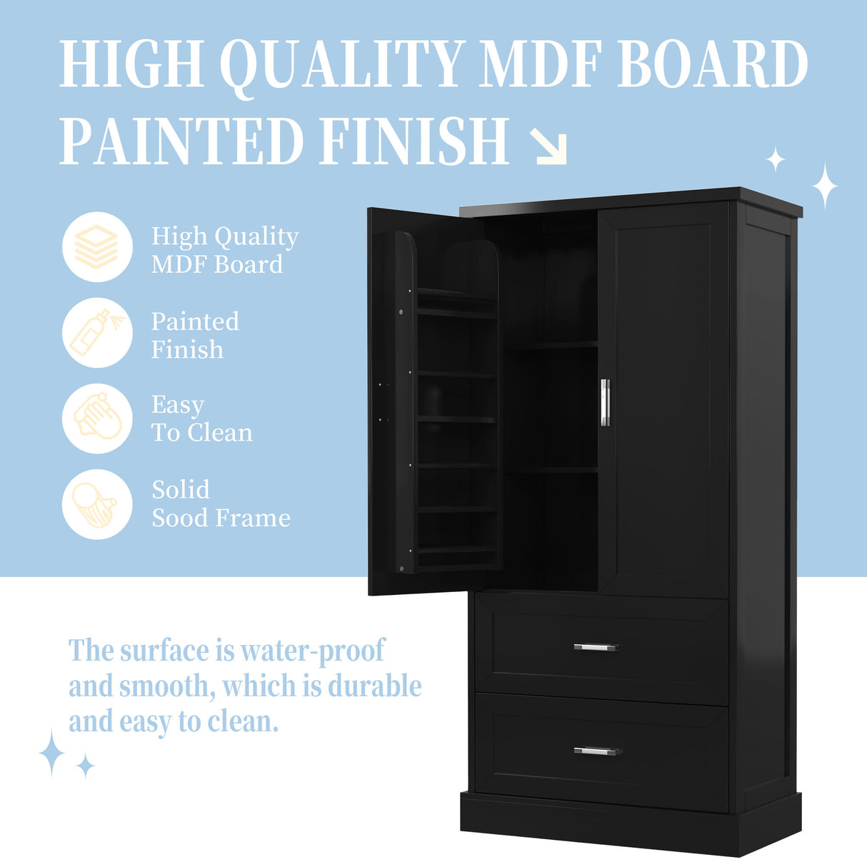 Tall Bathroom Storage Cabinet, Cabinet with Two Doors and Drawers, Adjustable Shelf, MDF Board, Black - V.I.P Digital Presence