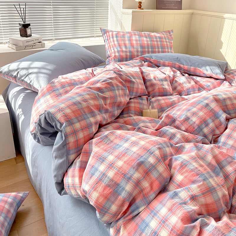 Cotton Dyed Washed Cotton Bedding Set Pure Cotton A Class Flat Sheet Quilt Cover Fitted Sheet Quilt Cover Three-Piece Set Striped