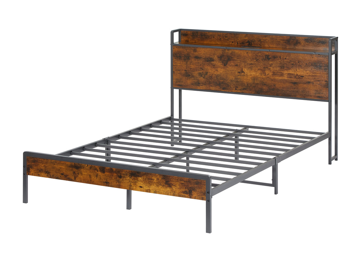 Bed frame with charging station full size, Rustic Brown, 83.1'' L x 56.1'' W x 39'' H - V.I.P Digital Presence