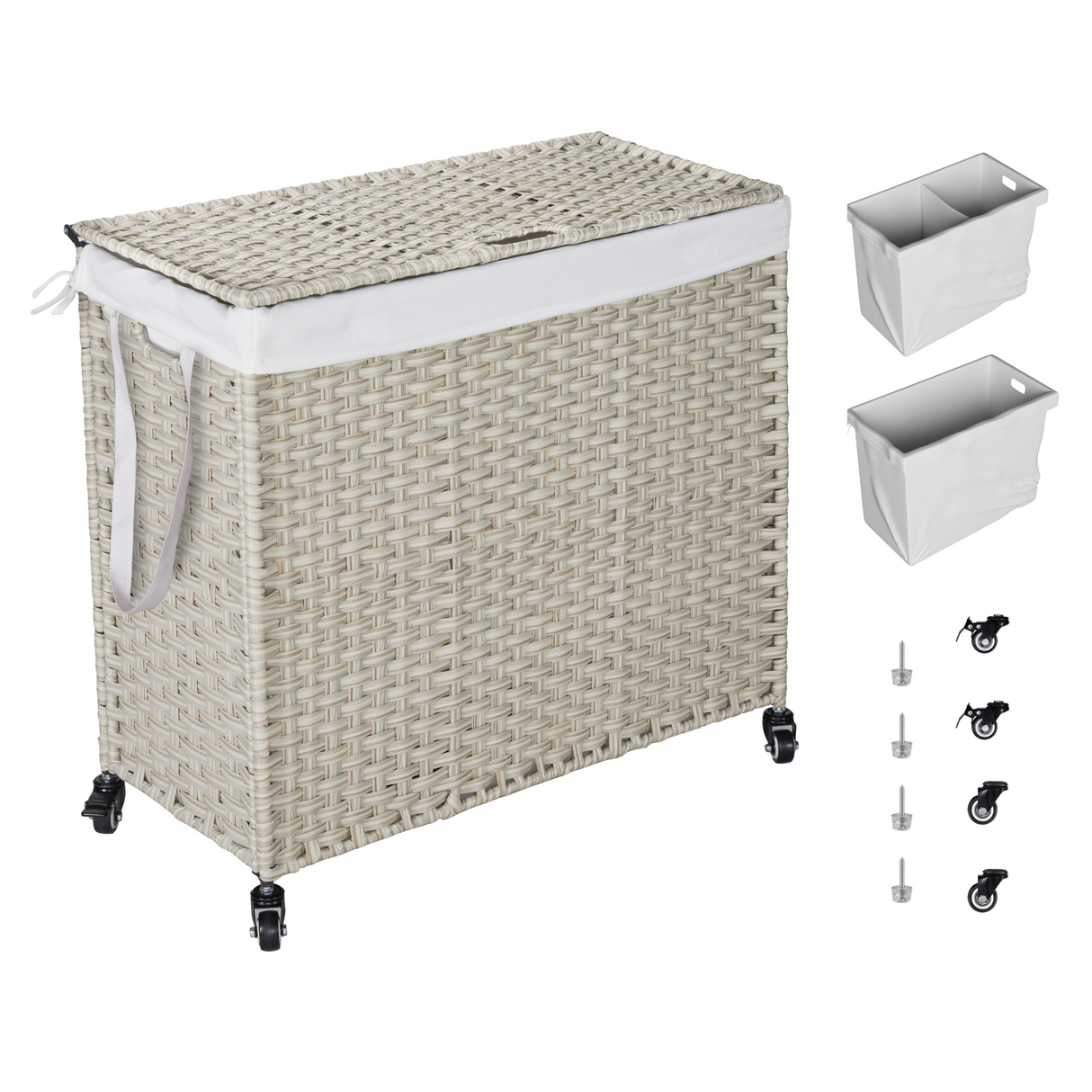 Laundry Hamper With Lid PE Rattan Powder Coating Frame Clothes Hampers with 02 Removable Bags, Wheels, 160L, Grey Color - V.I.P Digital Presence