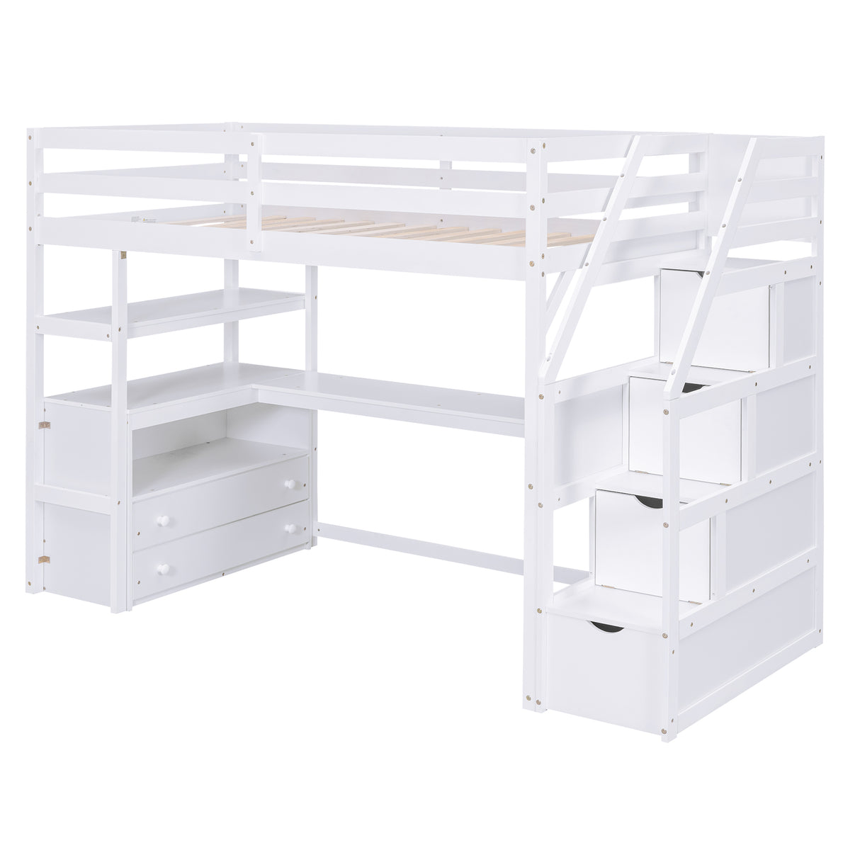 Twin Size Loft Bed with Desk and Shelves Two Built-in Drawers Storage Staircase White
