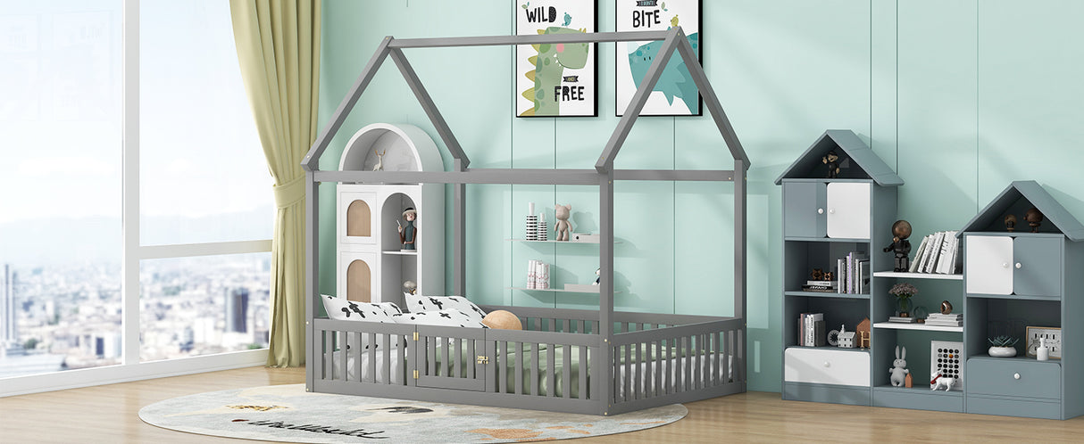 Full Size Wood House Bed with Fence and Door, Gray - V.I.P Digital Presence