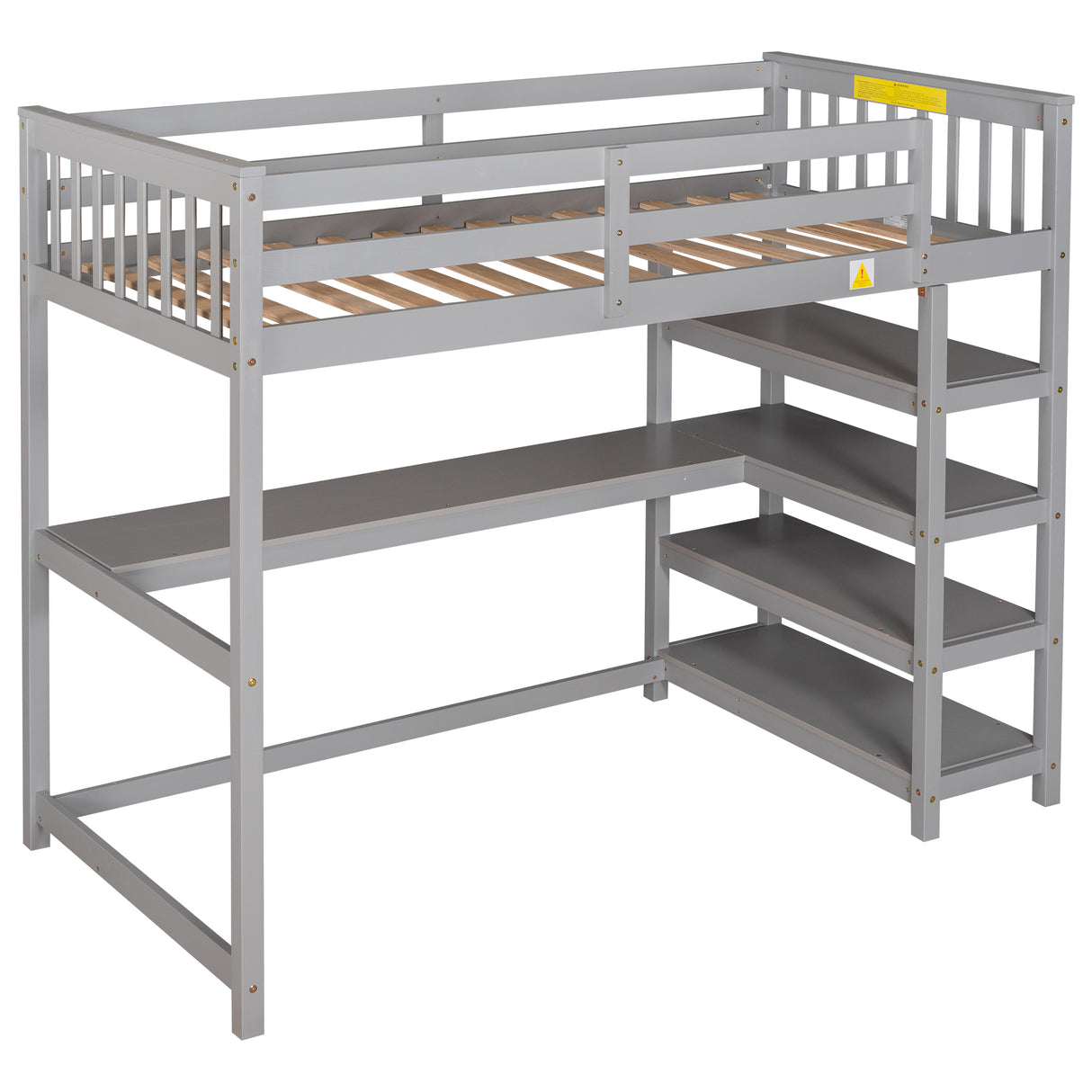 Twin Size Loft Bed with Storage Shelves and Under-bed Desk Gray