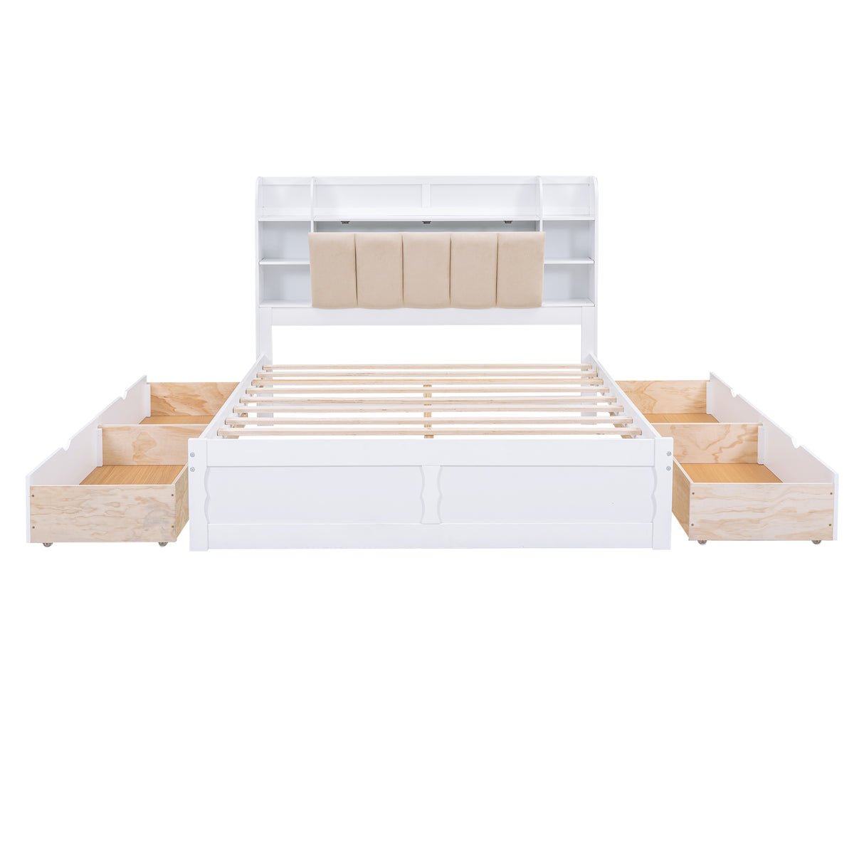 Wood Queen Size Platform Bed with Storage Headboard Shelves and 4 Drawers White