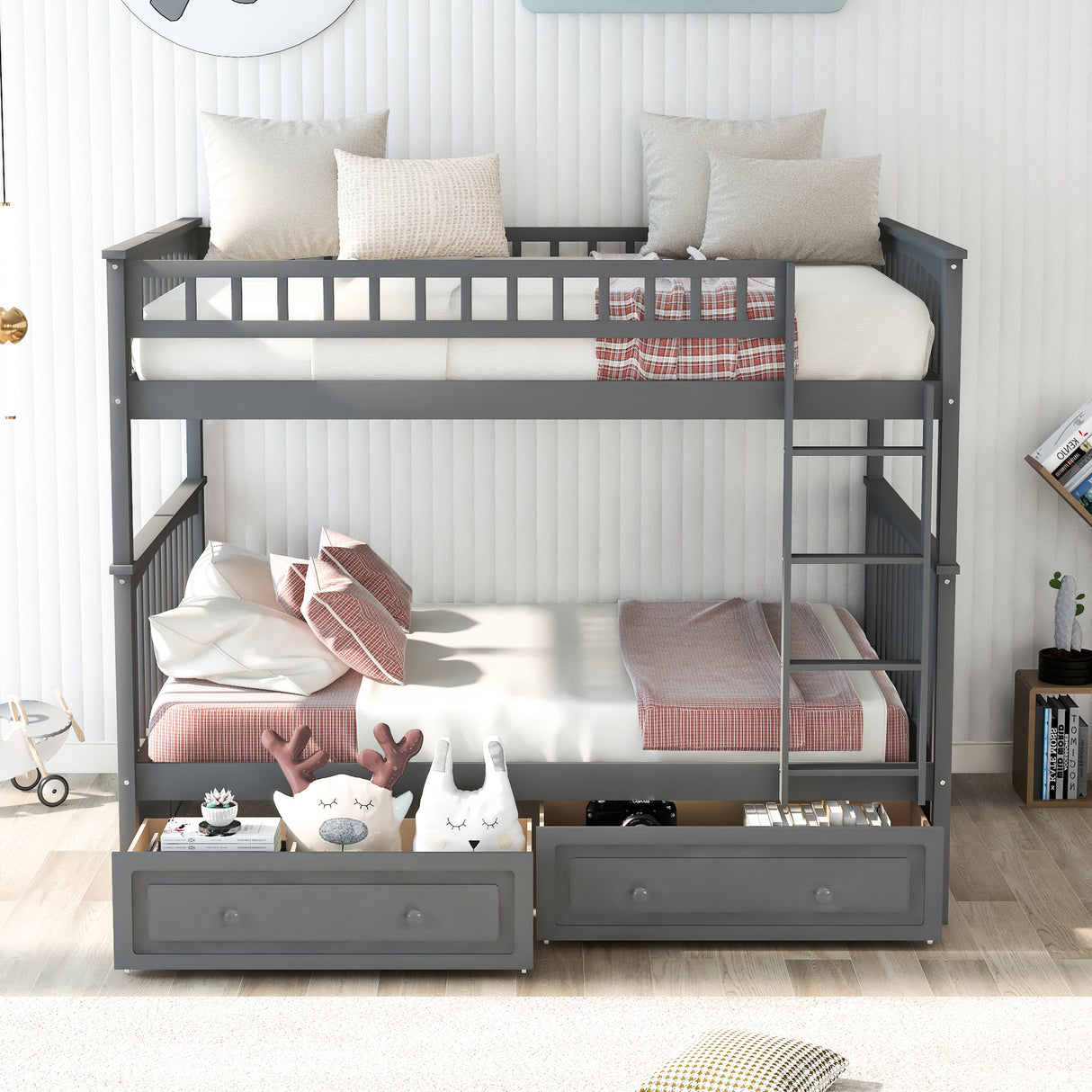 Full over Full Bunk Bed with Drawers, Convertible Beds Gray