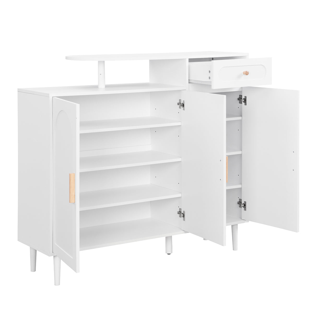 ON-TRANS Elegant Shoe Cabinet with Arched Doors and Drawers, Storage Side Panels, Adjustable Shelves and Solid Wood Legs, White - V.I.P Digital Presence