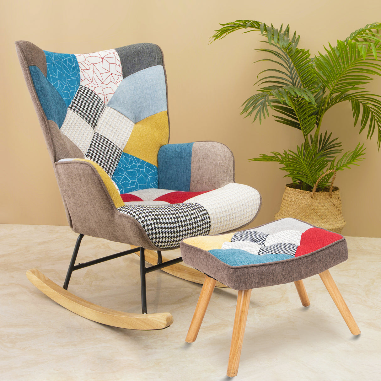 Rocking Chair with ottoman, Mid Century Fabric Rocker Chair with Wood Legs and Patchwork Linen for Livingroom Bedroom - V.I.P Digital Presence