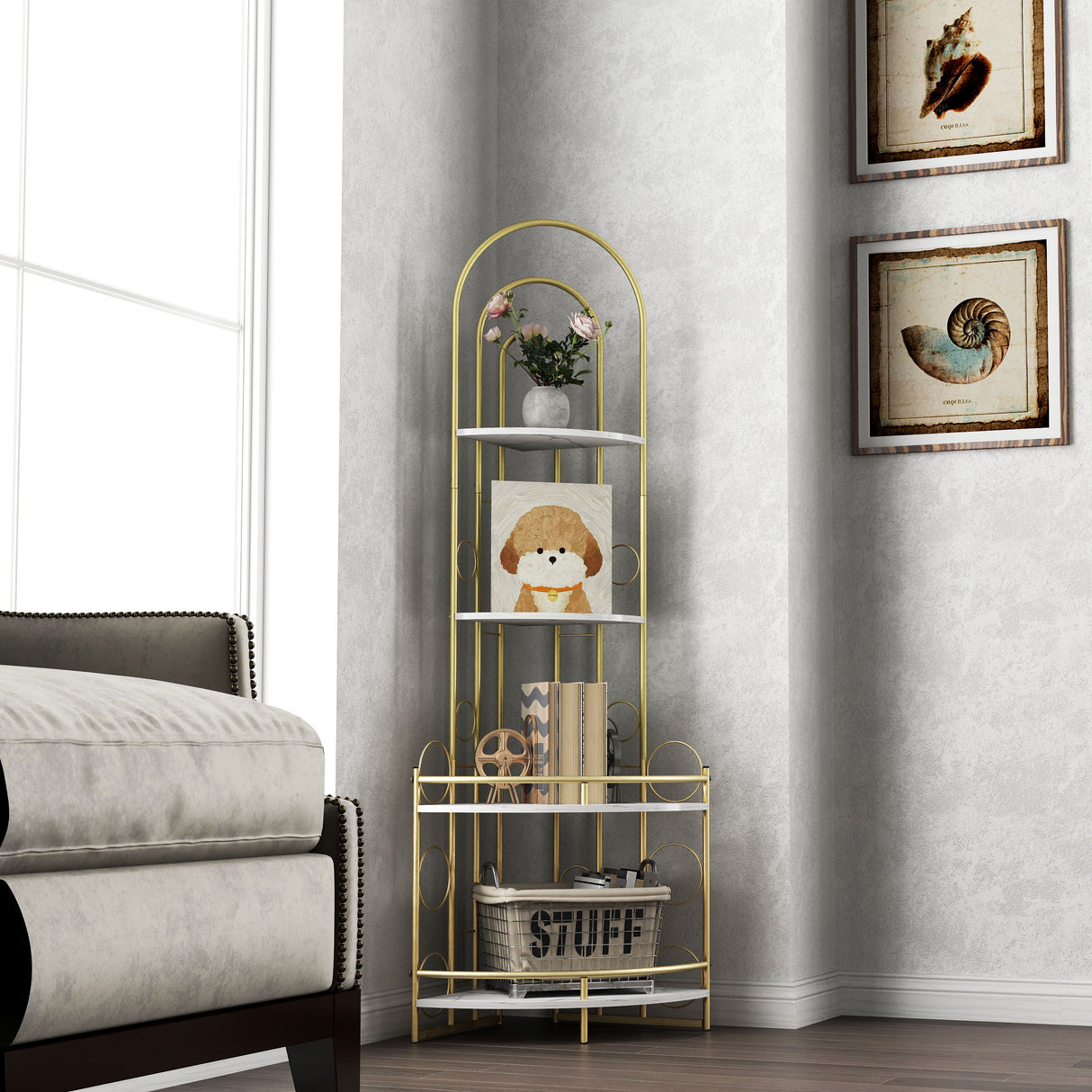 Gold 4-Tier Corner Bookshelf, Modern Style, Plant Stand with Metal Frame - V.I.P Digital Presence