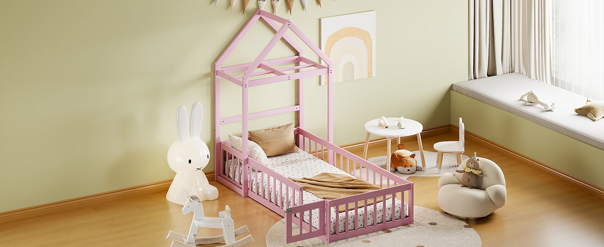 Wooden Twin Size Children's Bed with Detachable Headboard and Integrated Clothes Drying Rack, Pink - V.I.P Digital Presence