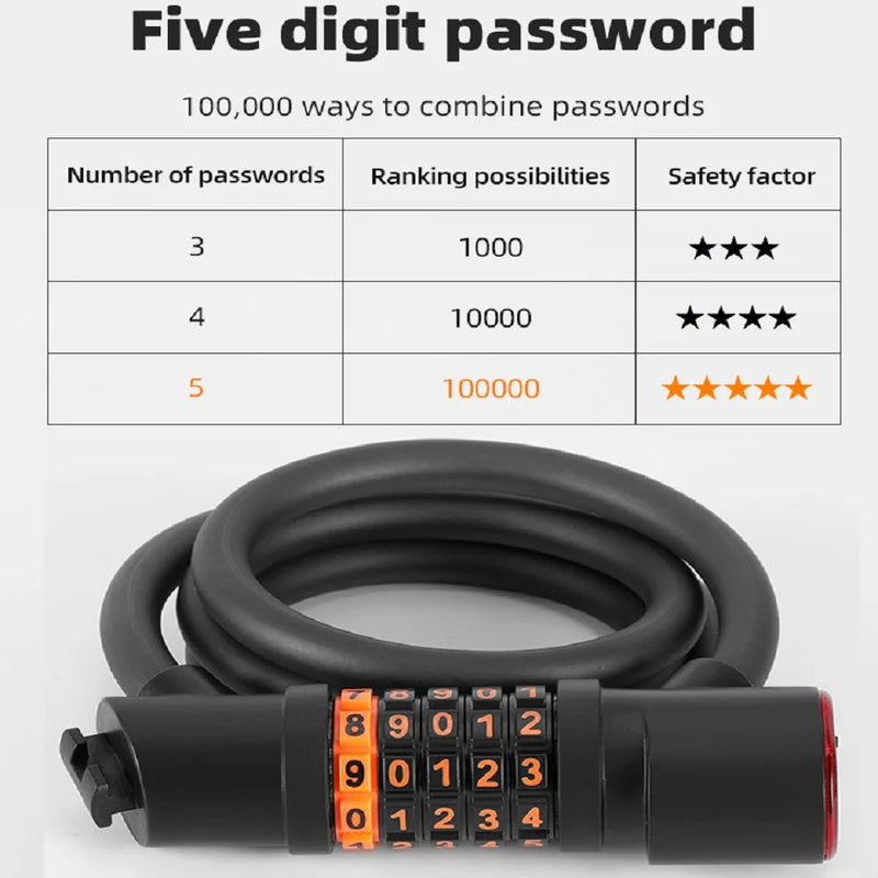1.2M/1.8M Bike Lock Anti-theft 5 Digit Combination Password Security Lock With LED Light MTB Road Bike Steel Cable Bicycle Lock - V.I.P Digital Presence