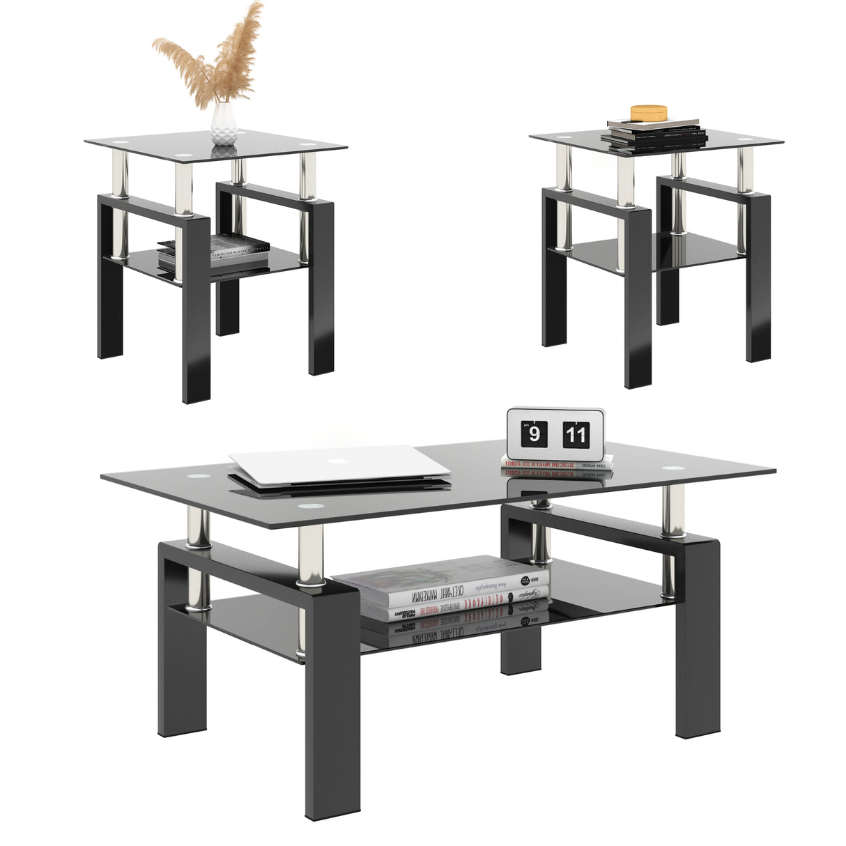 Set of 2, Modern Tempered Glass Tea Table Coffee Table End Table, Square Table for Living Room, Black - V.I.P Digital Presence