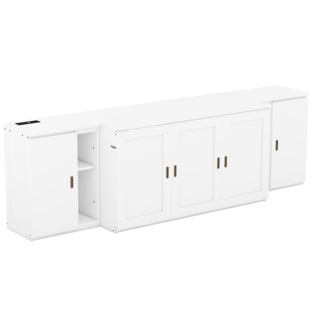 Queen Size Murphy Bed with Shelves, Cabinets and USB Ports,White