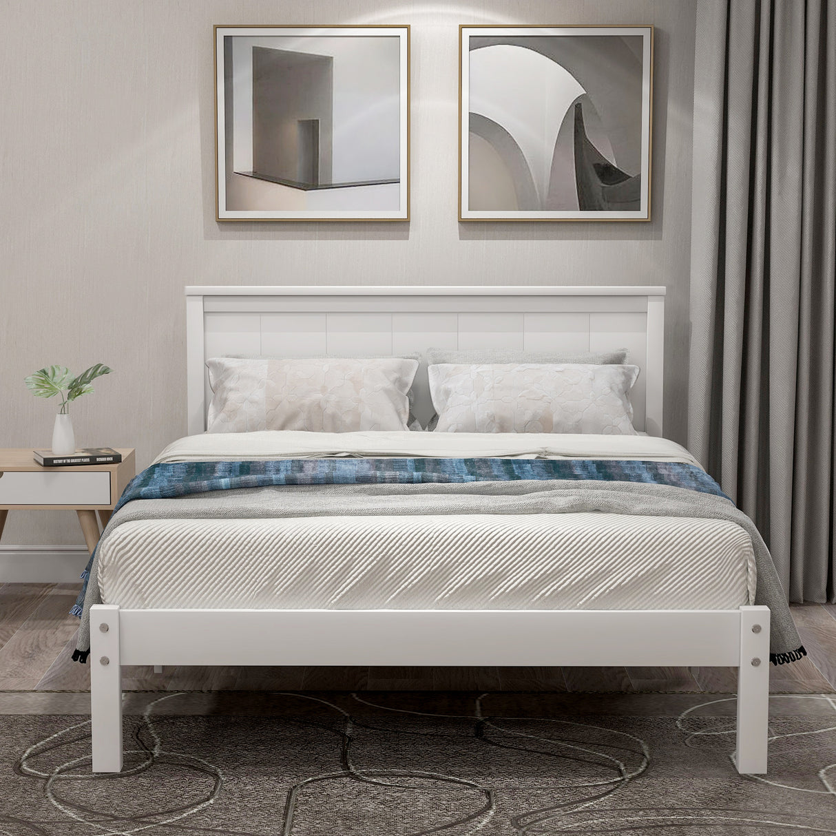 Platform Bed Frame with Headboard Wood Slat Support No Box Spring Needed Twin White