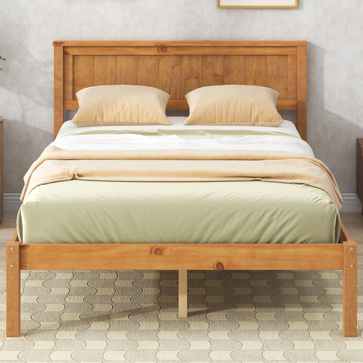 Platform Bed Frame with Headboard, Wood Slat Support No Box Spring Needed Full Oak