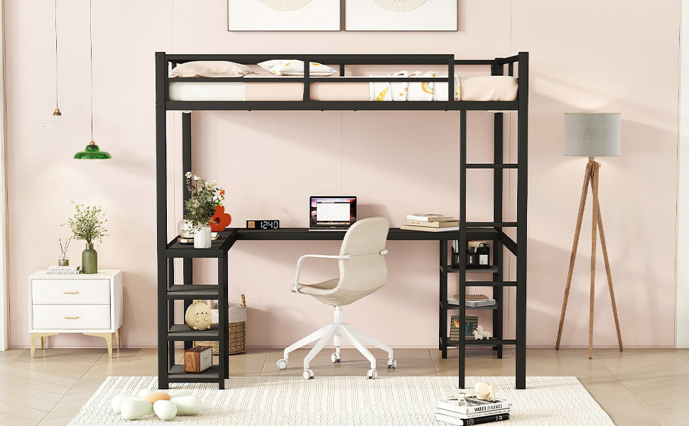 All metal loft bed with desk and shelf, loft bed with ladder and guardrail, black with black desk - V.I.P Digital Presence