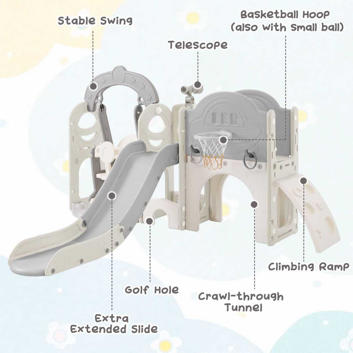 Toddler Slide and Swing Set 7 in 1, Kids Playground Climber Slide Playset with Basketball Hoop Freestanding Combination