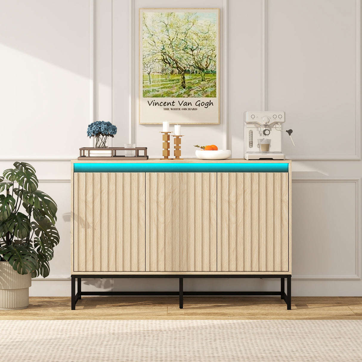 Engraved 3-door side panel with LED, self-service cabinet storage cabinet, modern coffee bar cabinet with adjustable shelf - V.I.P Digital Presence