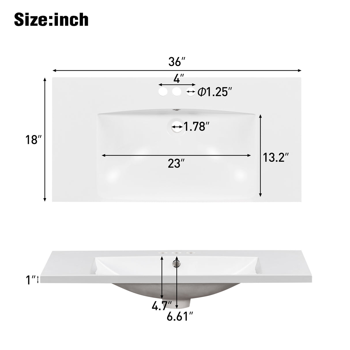 36" Single Bathroom Basin Sink, Vanity Top Only, 3-Faucet Holes, Resin - V.I.P Digital Presence
