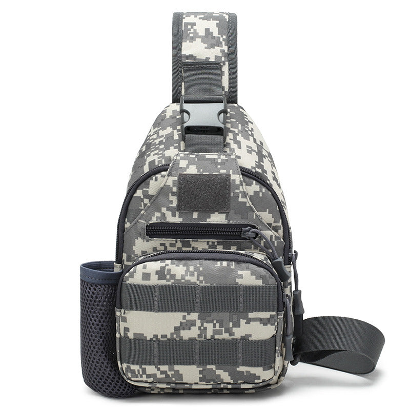 Tactical crossbody sling backpack. Has water bottle holder, MOLLE system, USB charging port. Ideal for travel and walks. Cp Camo - V.I.P Digital Presence