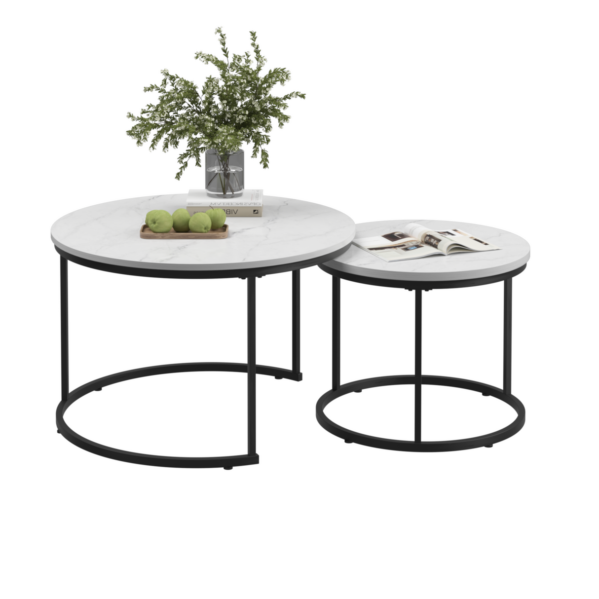 A set of nested 27.6-inch circular coffee tables with a wooden marble patterned tabletop and a sturdy metal frame (white) - V.I.P Digital Presence