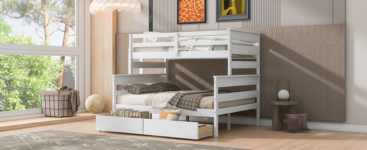 Wood Twin over Full Bunk Bed with 2 Drawers White