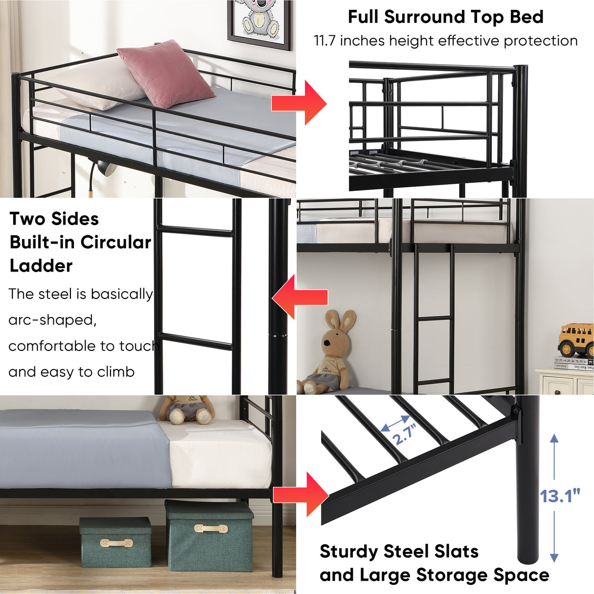 Double decker bed, size above twin bed, with 2 ladders and full-length guardrail, metal, storage space, black - V.I.P Digital Presence