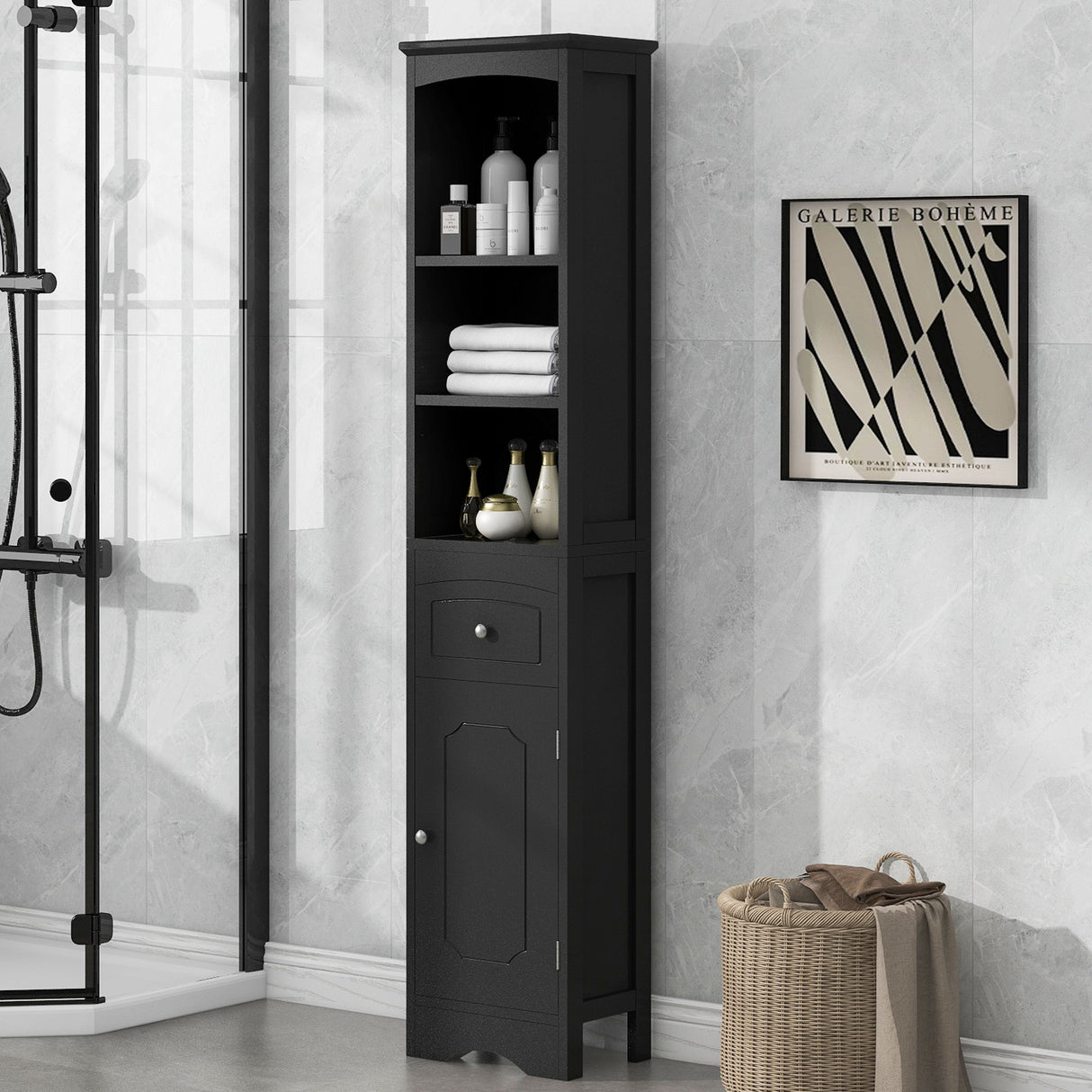 Tall Bathroom Cabinet, Freestanding Storage Cabinet with Drawer, MDF Board, Adjustable Shelf, Black - V.I.P Digital Presence