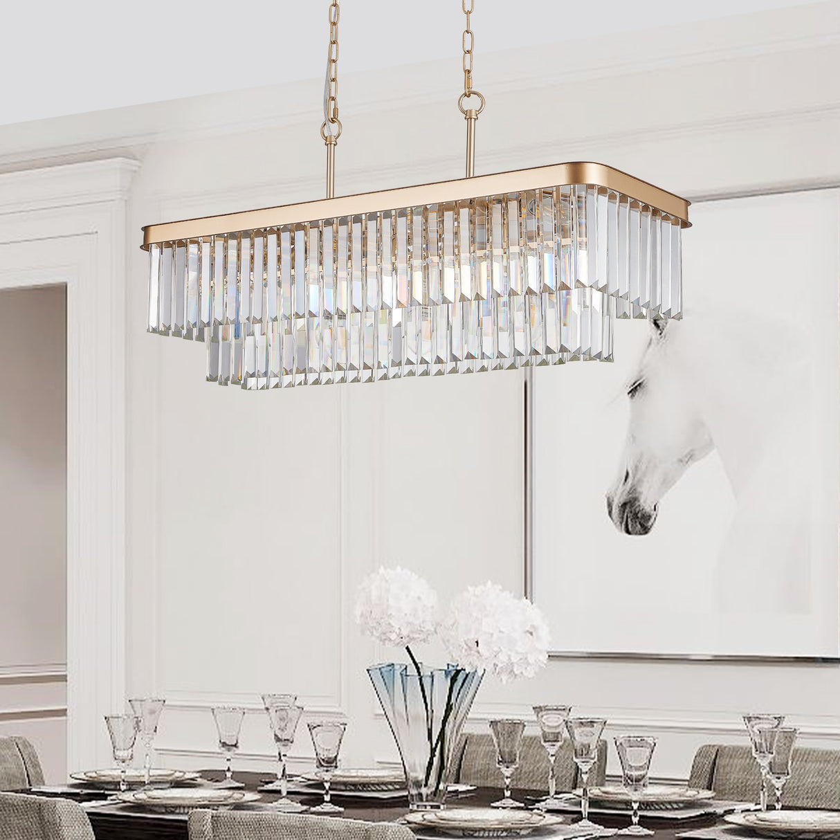 Chandeliers,Rectangular Crystal Chandelier Adjustable,E12 Modern Industrial Crystal Lights (Bulb Not Included) - V.I.P Digital Presence