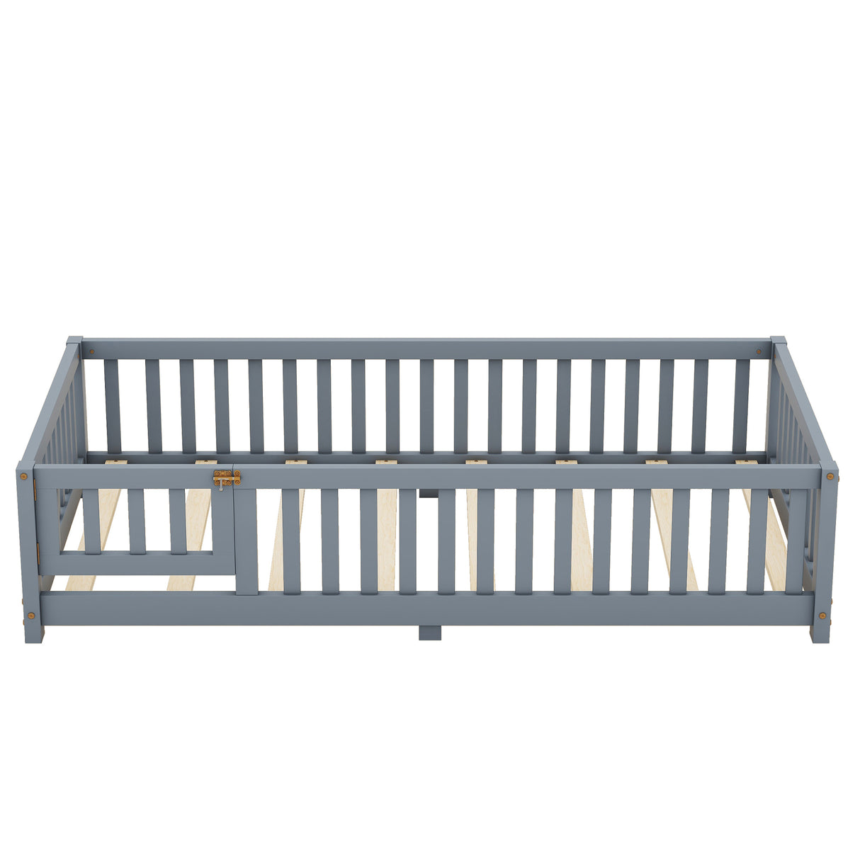 Twin Size Bed Floor Bed with Safety Guardrails and Door for Kids, Gray - V.I.P Digital Presence