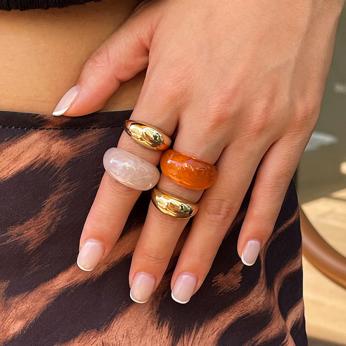 Ins style metal curved ring set retro geometric amber rings smooth surface - V.I.P Digital Presence