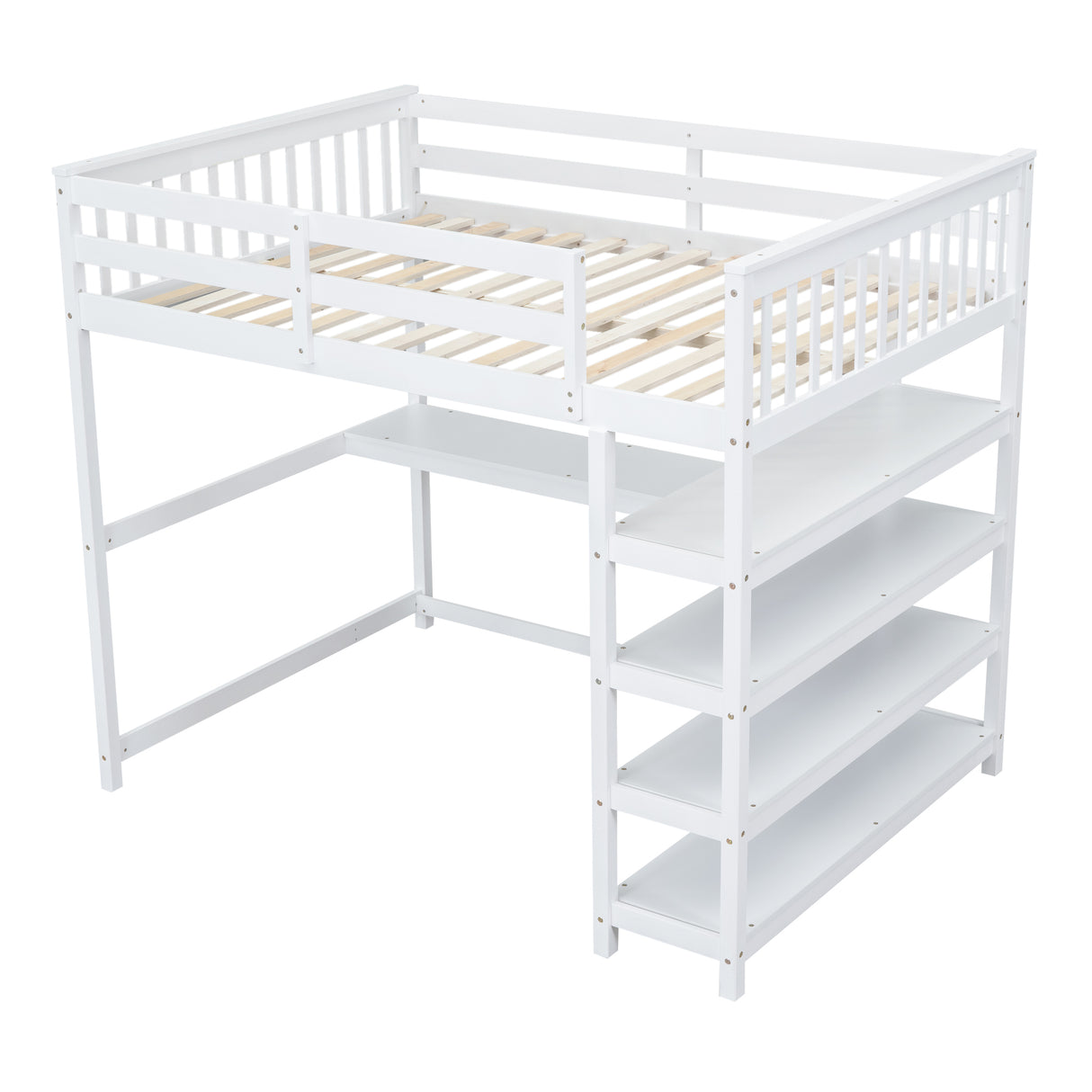 Full Size Loft Bed with Storage Shelves and Under-bed Desk White