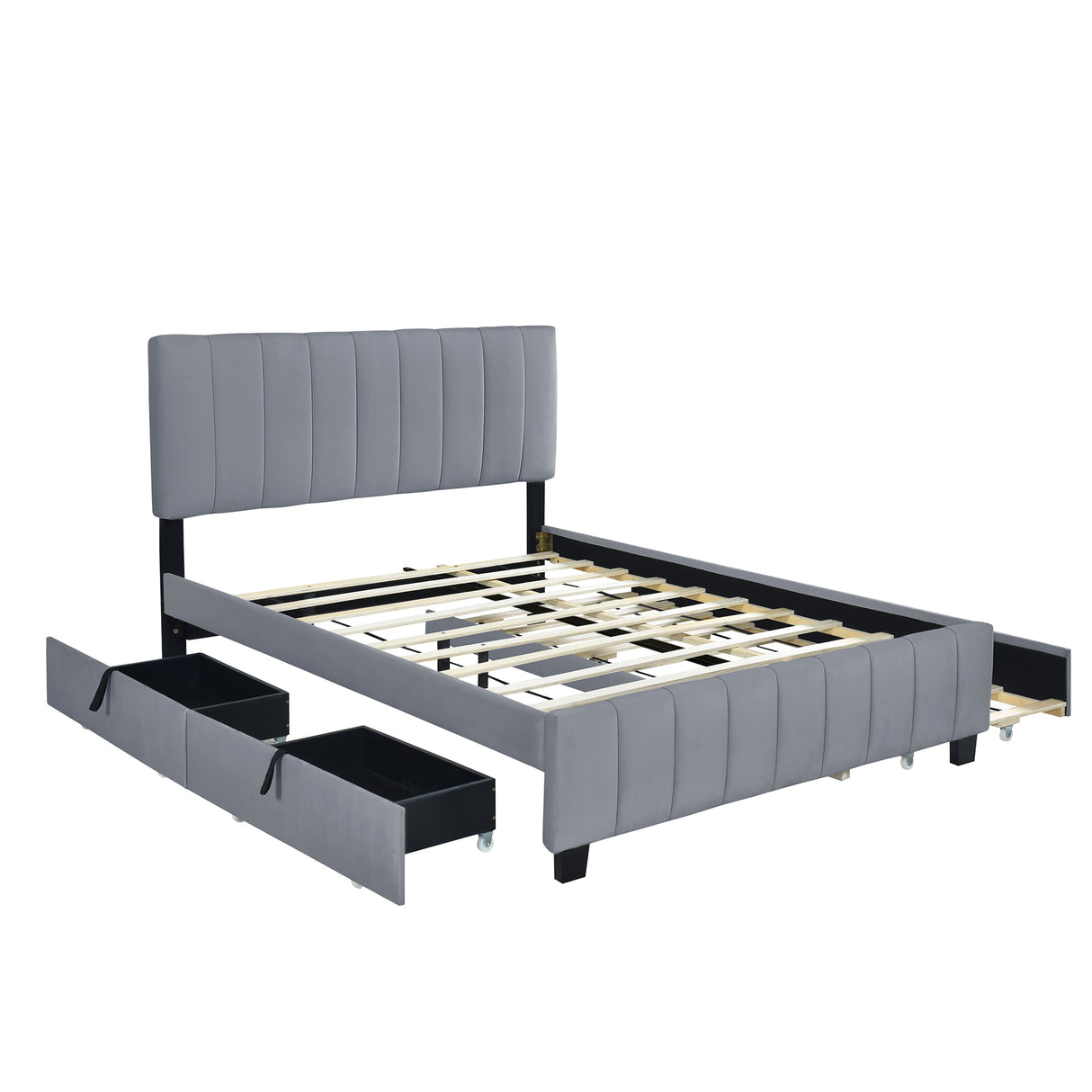 Queen Size Velvet Upholstered Platform Bed with 2 Drawers and 1 Twin XL Trundle- Gray - V.I.P Digital Presence