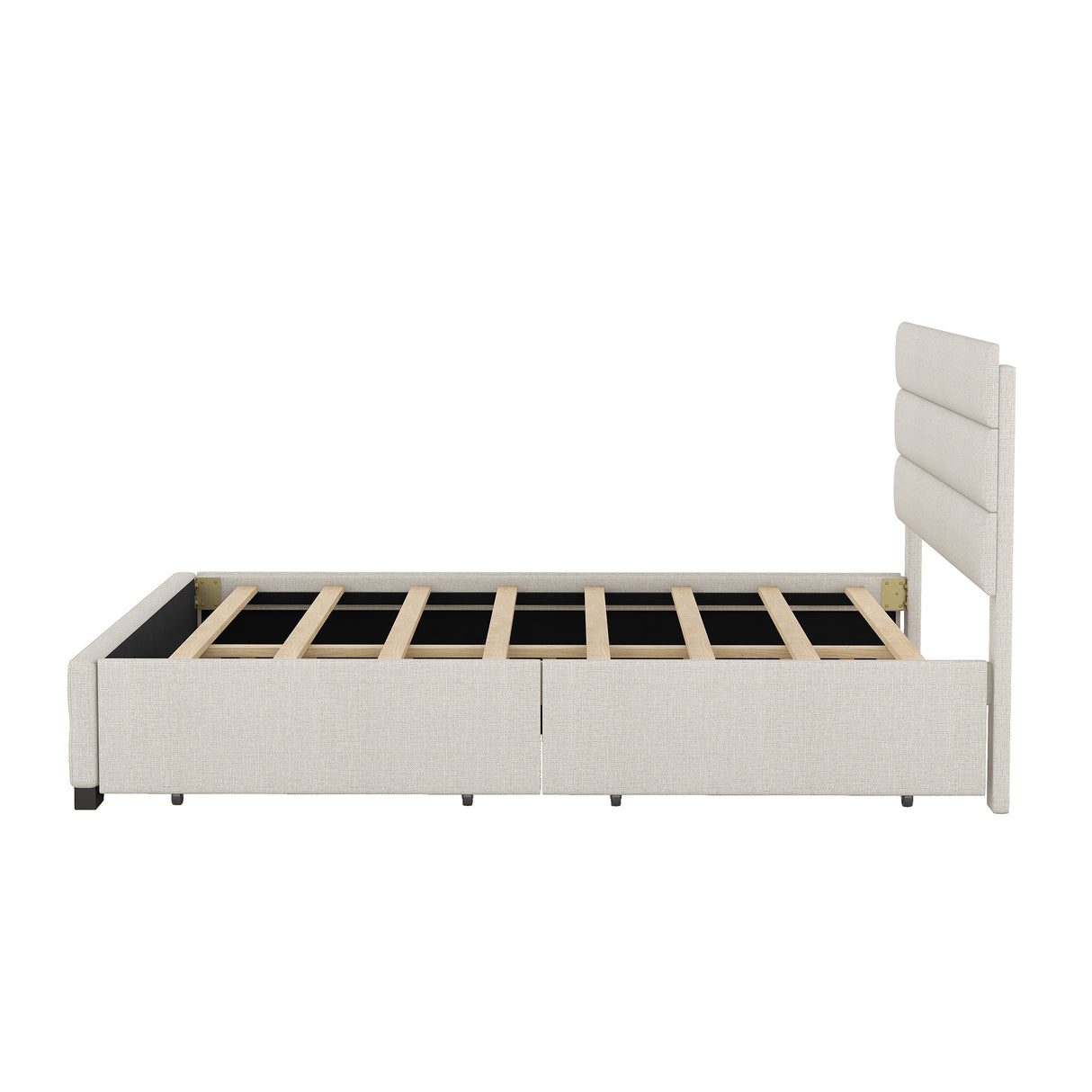 Queen Upholstered Platform Bed with Twin Size Trundle and Two Drawers Beige