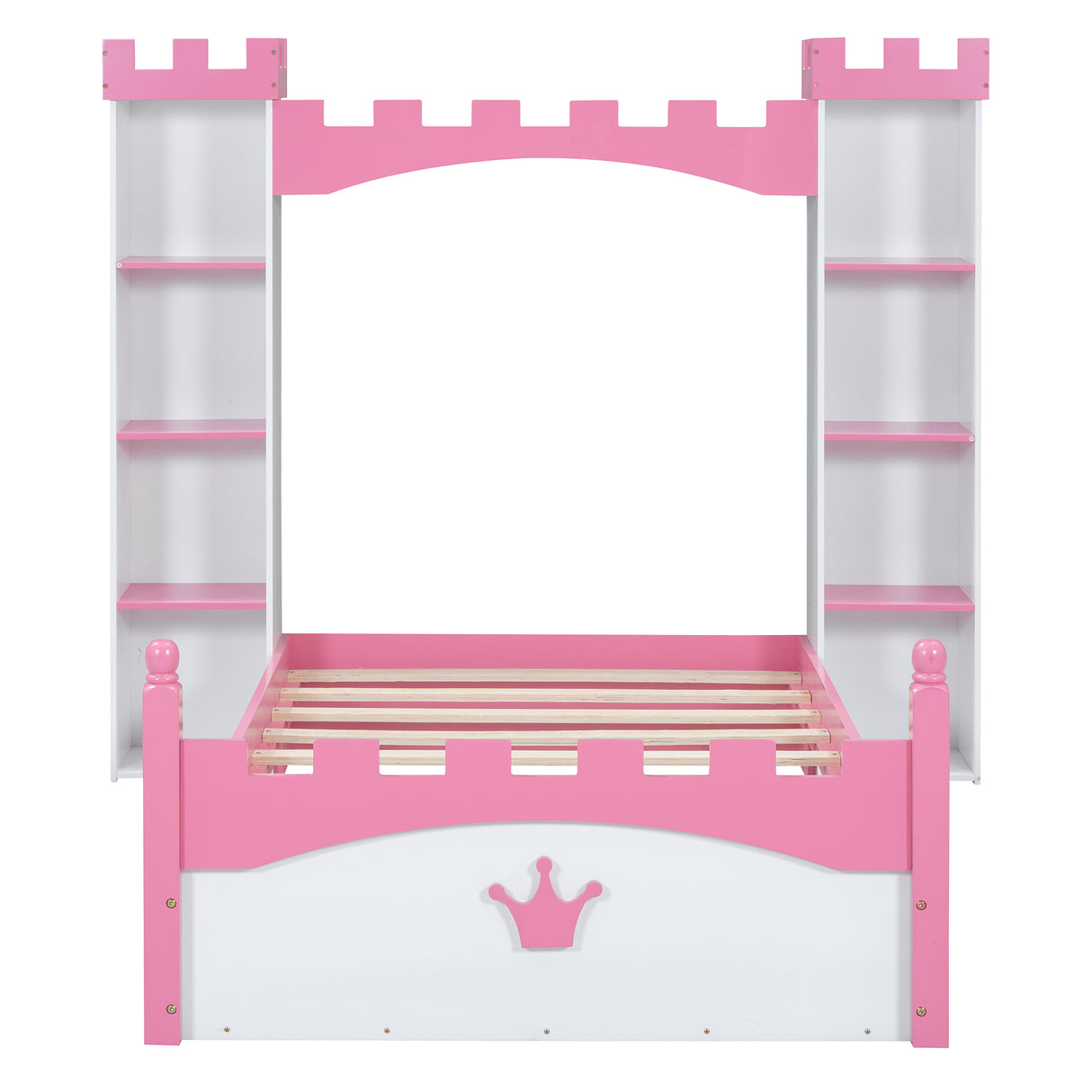 Castle-Shaped Wooden Bed with Storage Shelf, Dreamy Twin Size Platform Bed for Kids Bedroom, White + Pink - V.I.P Digital Presence