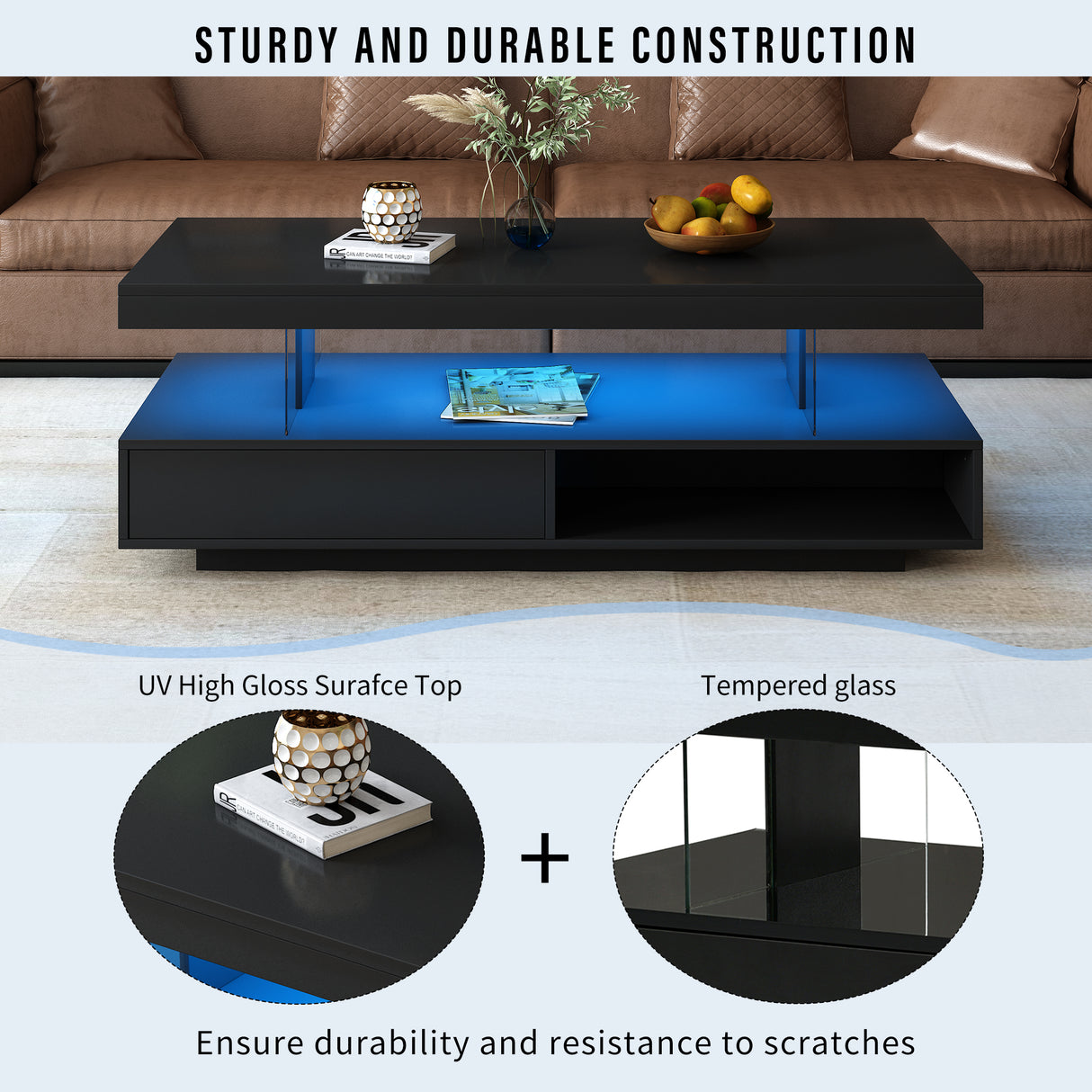 U-Can LED coffee table with storage space, modern central table with 2 drawers and display rack, equipped with LED lights, black - V.I.P Digital Presence