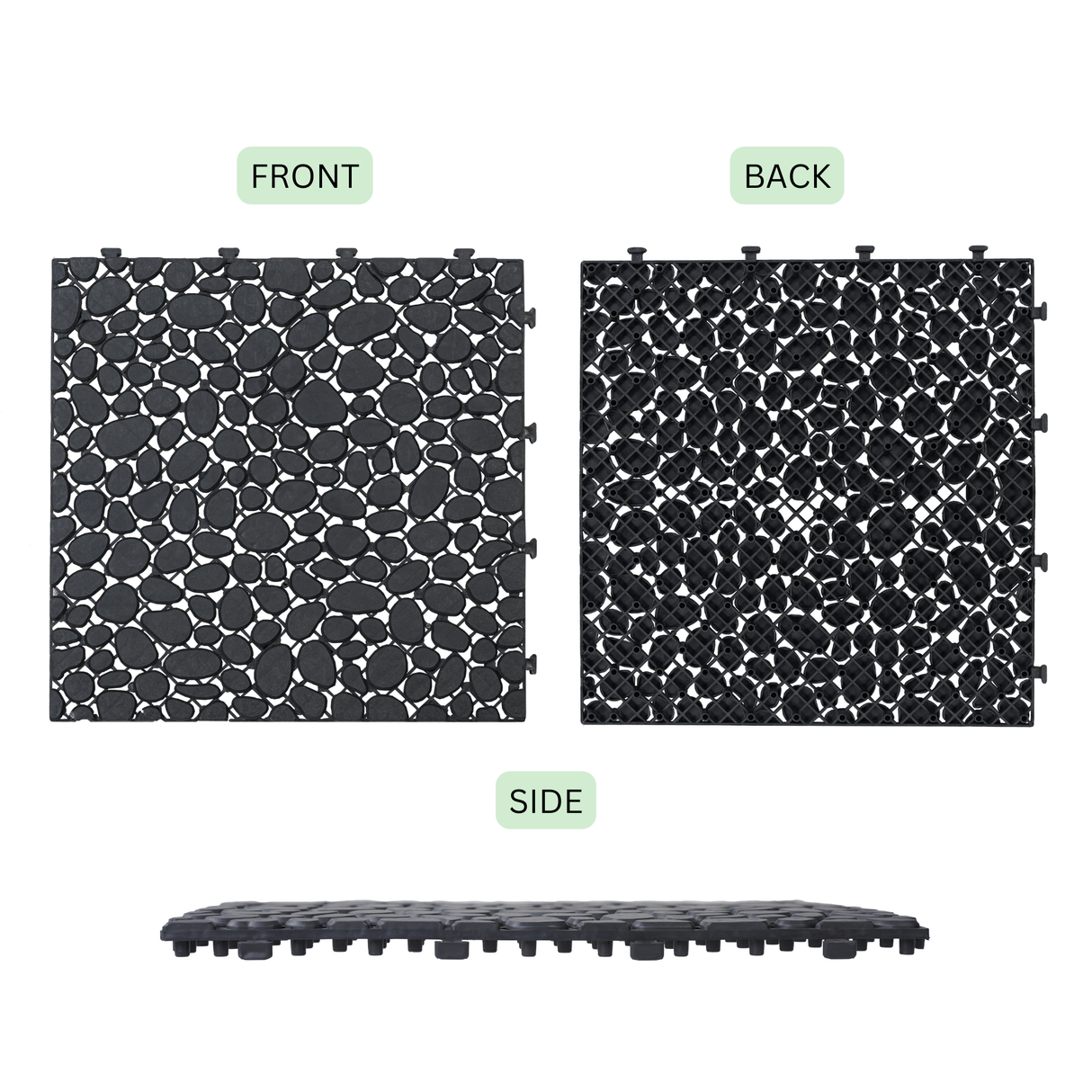 12 x 12 inch black interlocking deck tiles, plastic waterproofing, pebble pattern, pack of 12 - V.I.P Digital Presence