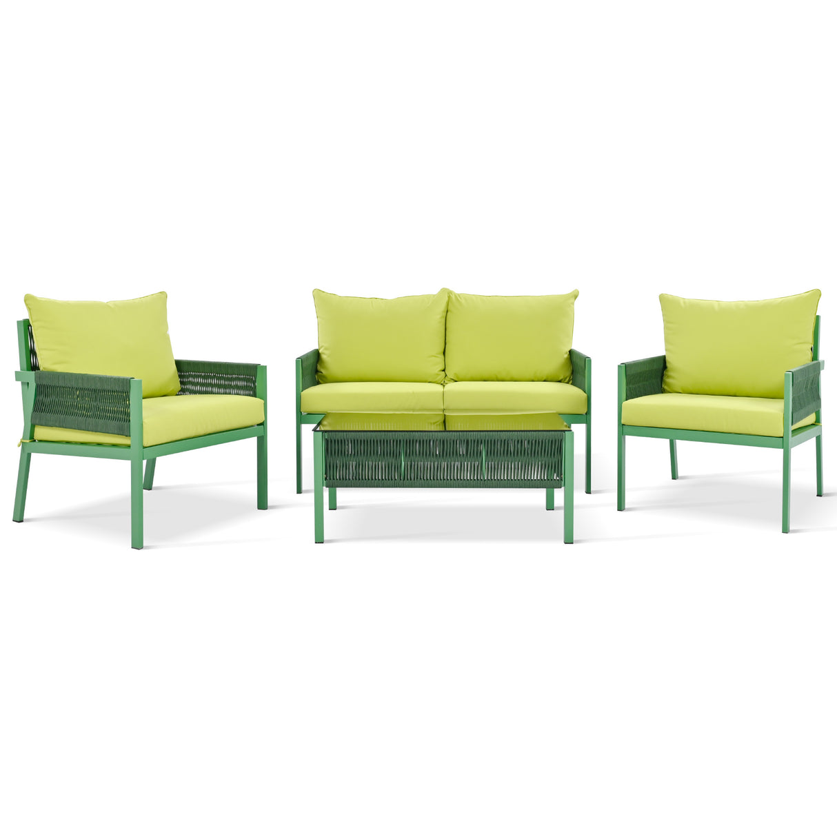 Outdoor Furniture with Tempered Glass Table, Set Deep Seating with Thick Cushion (Fluorescent Yellow & Green)
