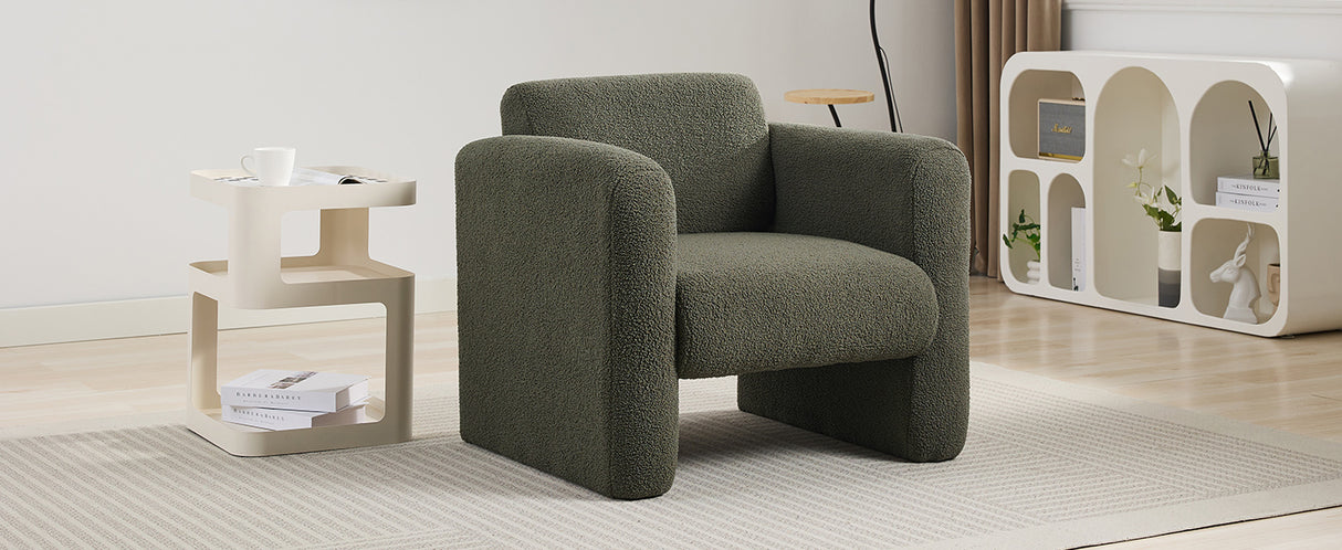 Modern style chair with sheepskin Sherpa fabric soft cushion, comfortable armchair, soft with backrest and pillow, seaweed green - V.I.P Digital Presence