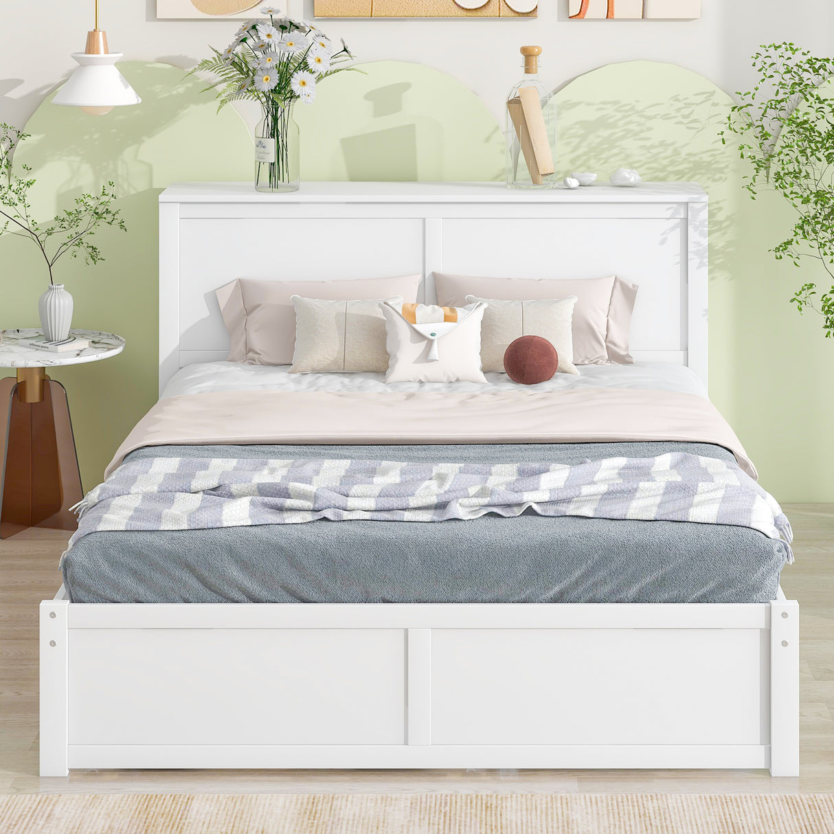 Queen Size Storage Platform Bed with Pull Out Shelves and Twin XL Size Trundle White