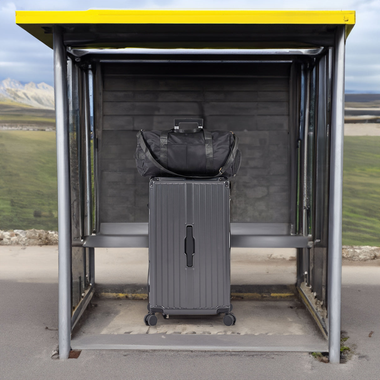 Luggage Set 4 pcs (20"/24"/29"/Travel Bag), PC+ABS Durable Lightweight Luggage with Collapsible Cup Holder, TSA Lock, Gray