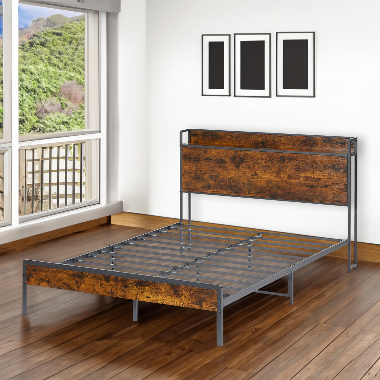 Bed frame with charging station full size, Rustic Brown, 83.1'' L x 56.1'' W x 39'' H - V.I.P Digital Presence