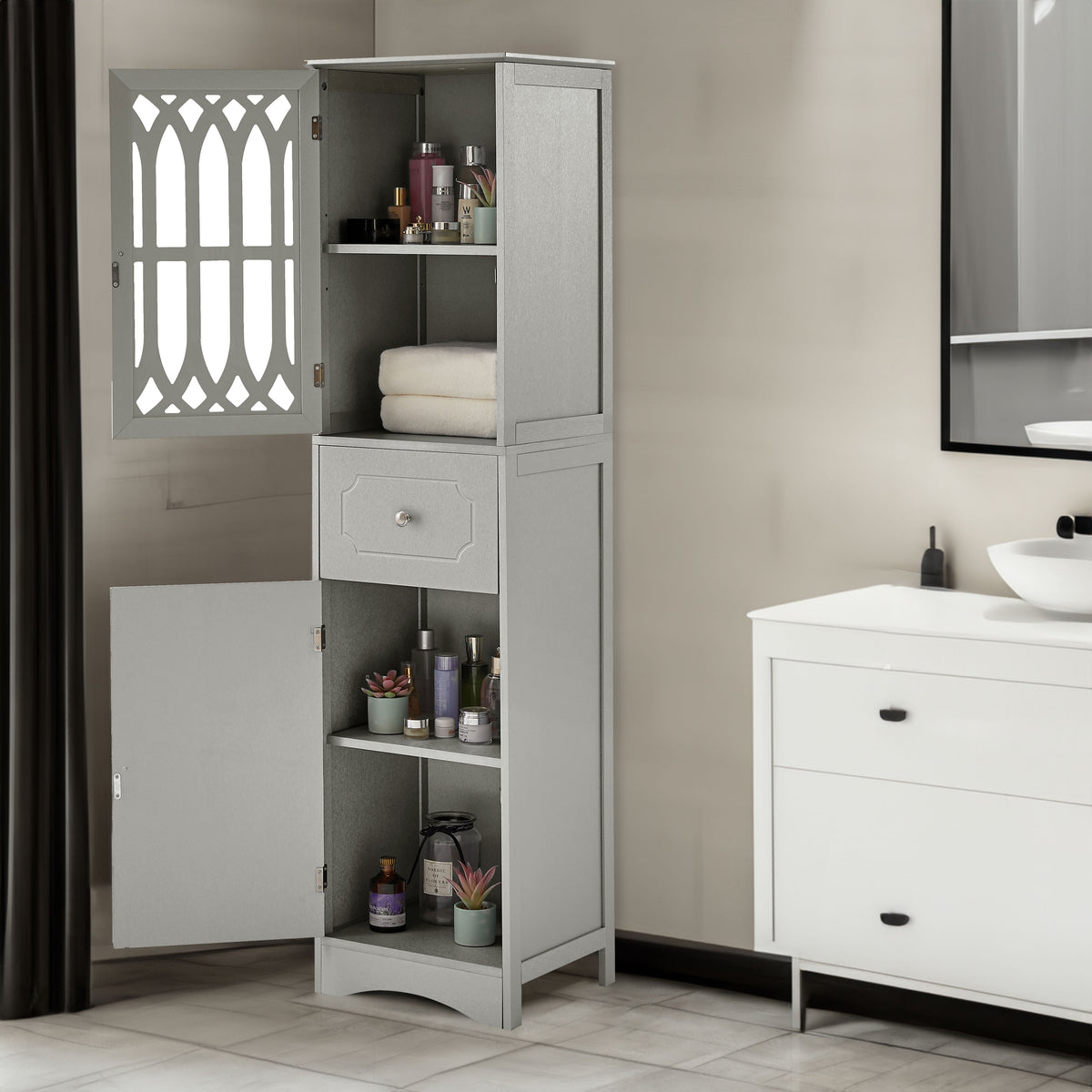 Tall Bathroom Cabinet, Freestanding Storage Cabinet with Drawer and Doors, MDF Board, Acrylic Door, Adjustable Shelf, Grey - V.I.P Digital Presence