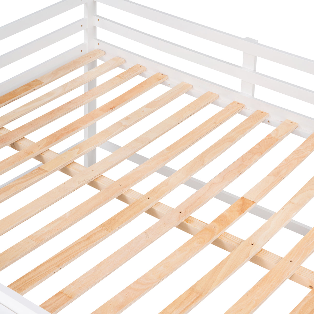 Full Size Low Loft Bed with Rolling Portable Desk, Drawers and Shelves, White