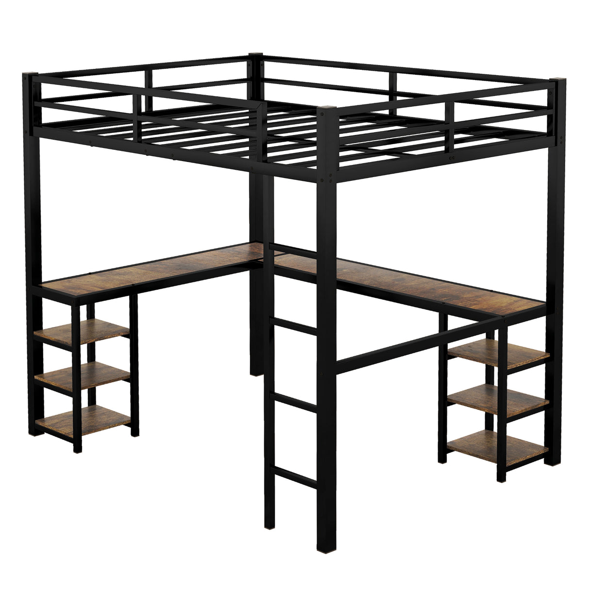 Full metal loft bed with desk and shelf, loft bed with ladder and guardrail, black with retro wood desk - V.I.P Digital Presence