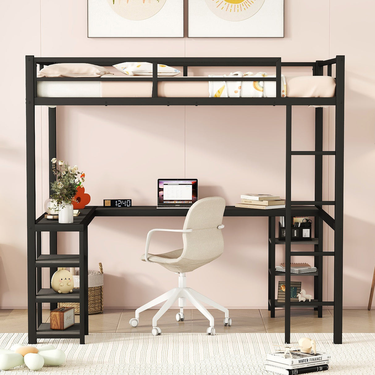 All metal loft bed with desk and shelf, loft bed with ladder and guardrail, black with black desk - V.I.P Digital Presence