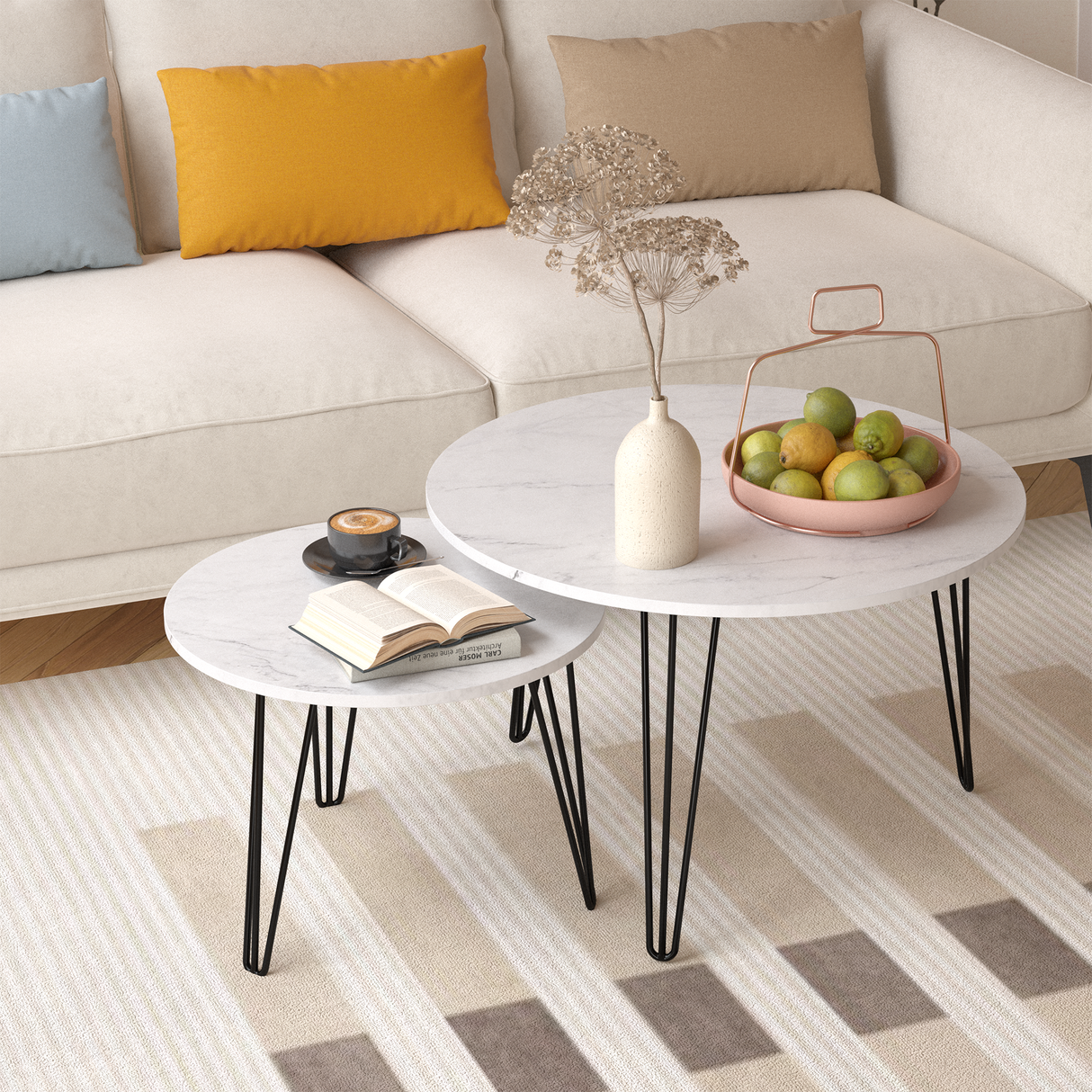 27.56'' Round Nesting Coffee Table Set of 2, Circular Nesting End Table Set Sturdy Metal Base for Living Room, bedroom, White - V.I.P Digital Presence
