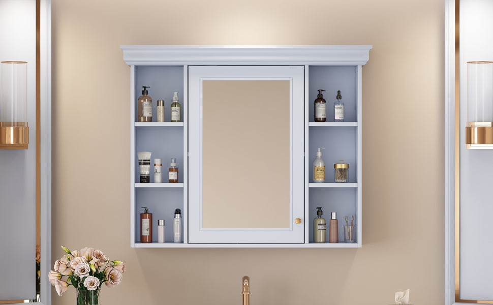 35'' x 28'' Blue Wall Mounted Bathroom Storage Cabinet with Mirror Door, Modern Bathroom Wall Cabinet with Mirror - V.I.P Digital Presence
